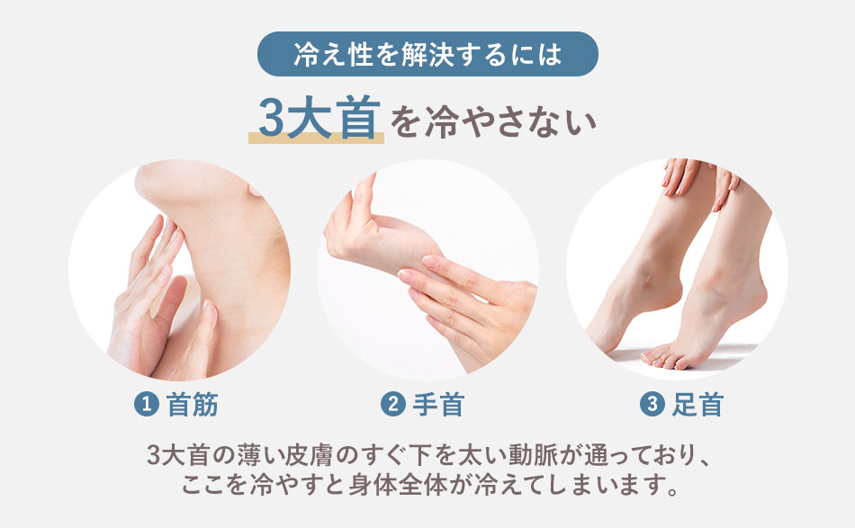 3大首の皮膚表面には太い血管が走っています、内臓と血液を温めれば手や足の先まで血行がよくなりポカポカと温まってきます