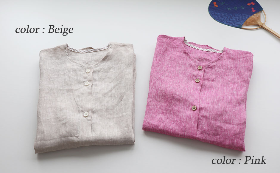 半袖ノーカラーリネンパジャマ