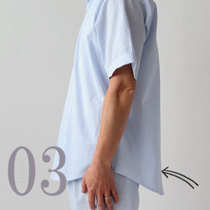 お尻が少し隠れる後ろすそ丈。シャツのスワローテールを採用