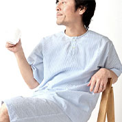 サッカーストライプ半袖ヘンリーネックかぶりパジャマ