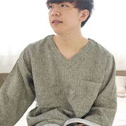 先染めフランスリネン長袖Vネックパジャマ