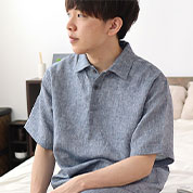 先染めフランスリネン長袖ノーカラーパジャマ