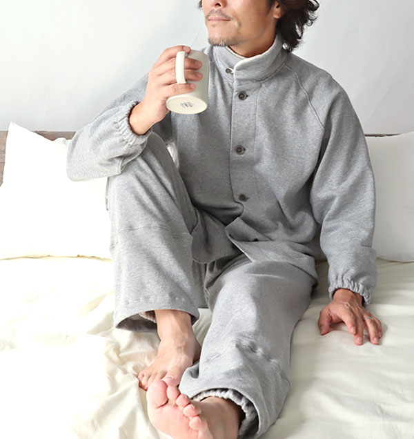 ヒートネックコットンメンズパジャマ長袖/前開き/立ち襟