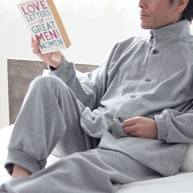 ヒートネックコットンメンズ 上下セット 長袖/前開き/立ち襟