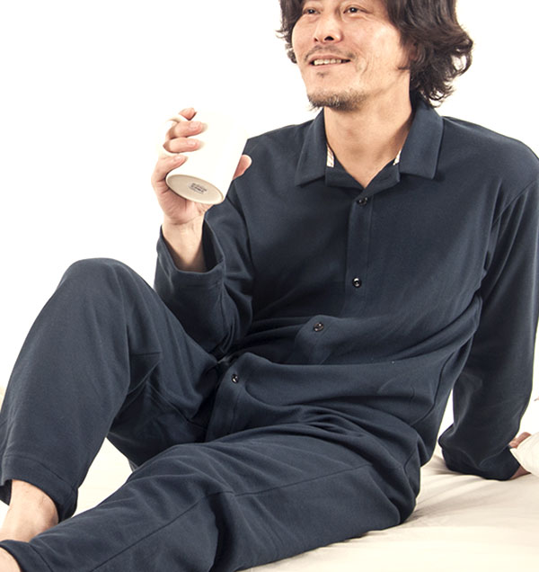 コットンムースメンズパジャマ 上下セット 長袖/前開き/襟あり