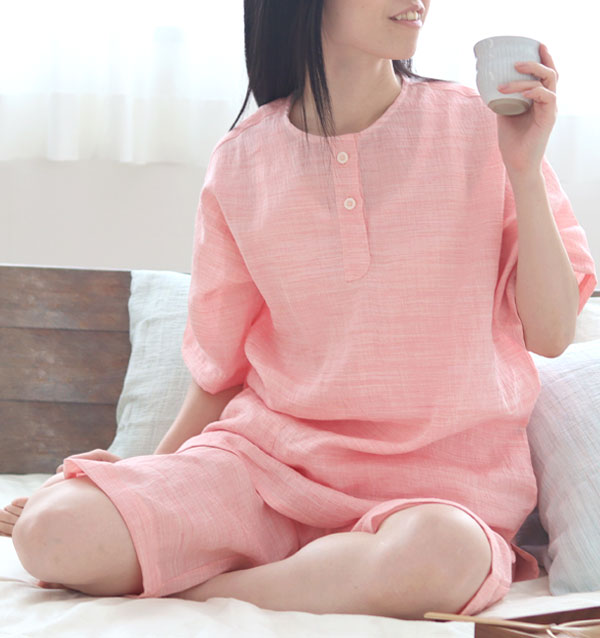 近江ちぢみ麻レディースパジャマ上下セット・半袖/かぶり/襟なし