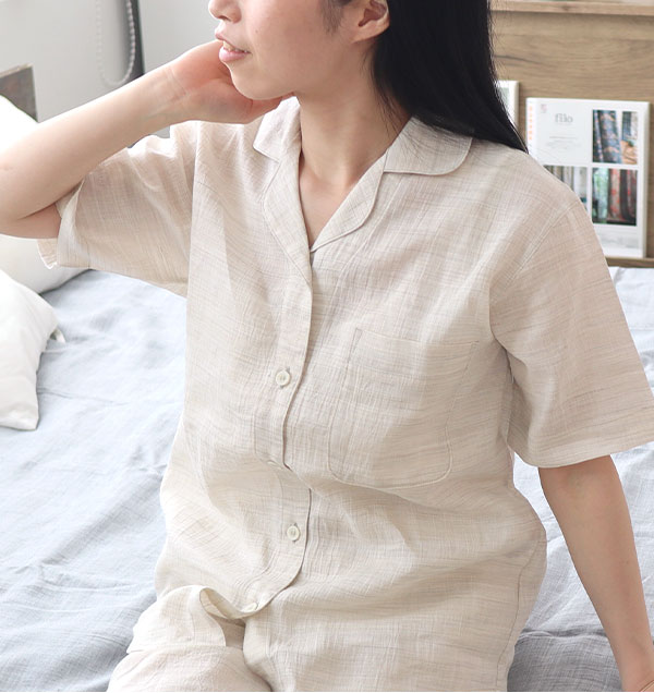 近江ちぢみ麻レディースパジャマ上着単品・半袖/前開き/開襟