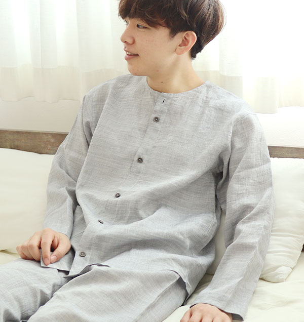 近江ちぢみ麻メンズパジャマ上着単品・長袖/前開き/襟なし