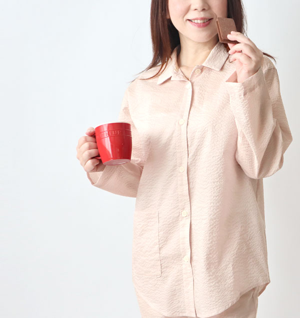 エアリーリップルレディースパジャマ上着単品・長袖/前開き/襟あり