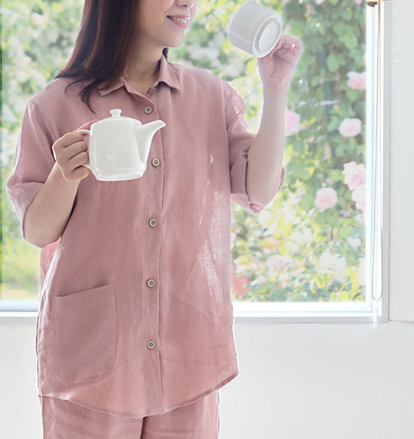 やわらかるいリネンレディースパジャマ上下セット・半袖/前開き/襟あり