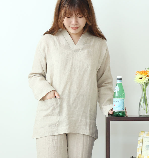 やわらかるいリネンレディース作務衣下着・ズボン付/長袖/かぶり