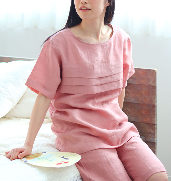 かわいいリネンレディースパジャマ 上下セット・半袖/かぶり/短パン/ラウンドネック