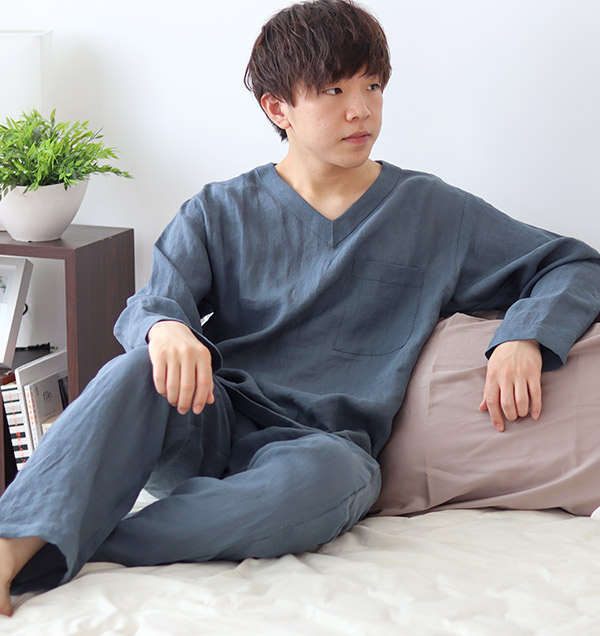 やわらかるいリネンメンズパジャマ上下セット・長袖/かぶり/Vネック
