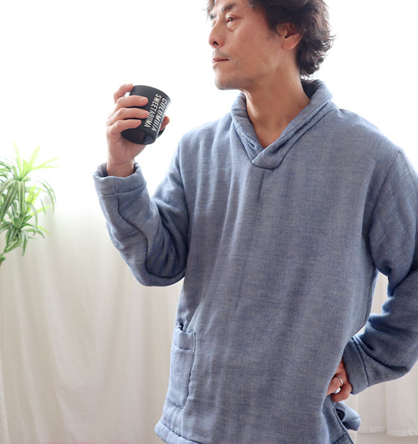 コットンウール6重ガーゼメンズパジャマ上下セット・長袖/かぶり/ショールカラー