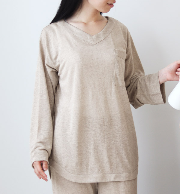 やわらかニットリネンレディースパジャマ上着単品・長袖/かぶり/Vネック