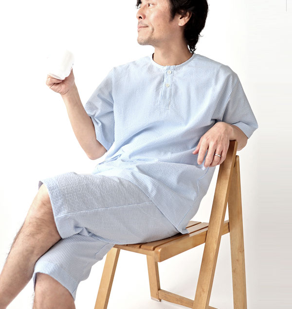 先染めサッカーストライプメンズパジャマ上下セット・半袖/かぶり/短パン/ヘンリーネック