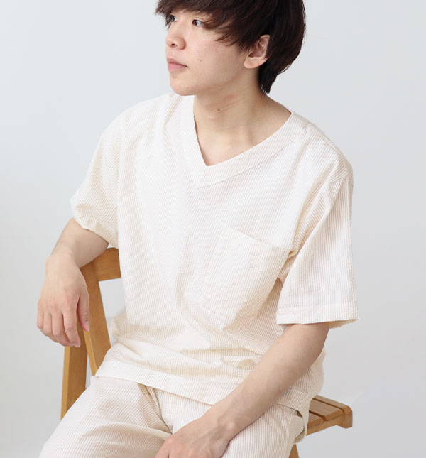 先染めサッカーストライプメンズパジャマ上着単品・半袖/かぶり/Vネック