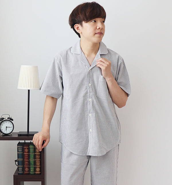 先染めサッカーストライプメンズパジャマ上下セット・半袖/前開き/短パン/開襟