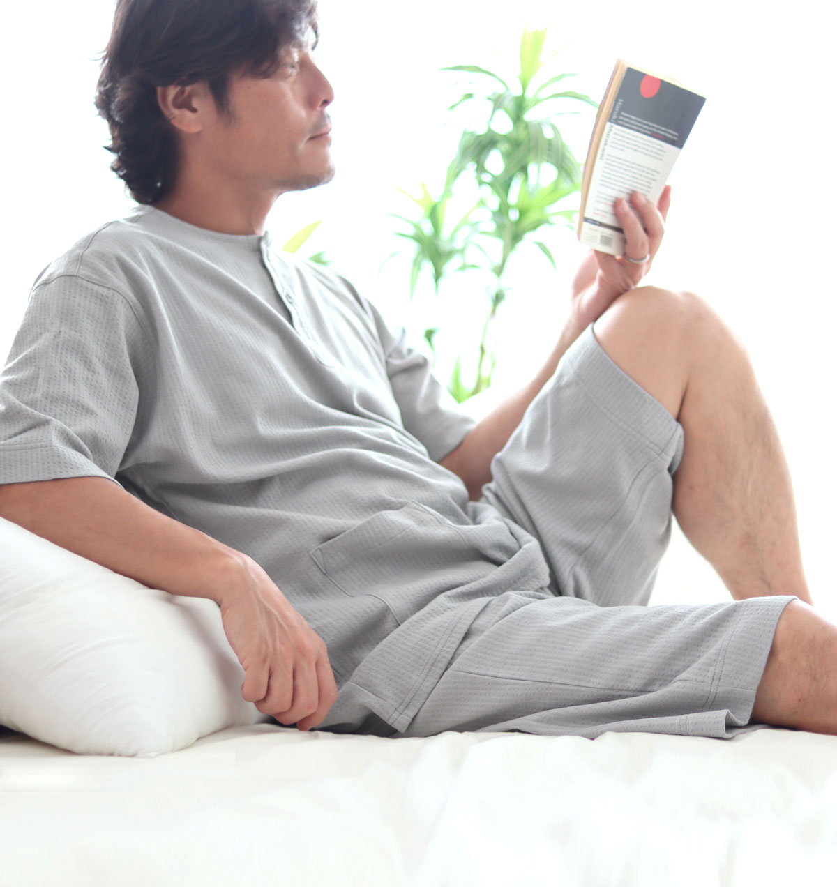 ニットサッカーメンズパジャマ上着単品・半袖/かぶり/襟なし