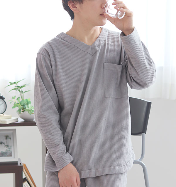 ニットサッカーメンズパジャマ上着単品・長袖/かぶり/Vネック