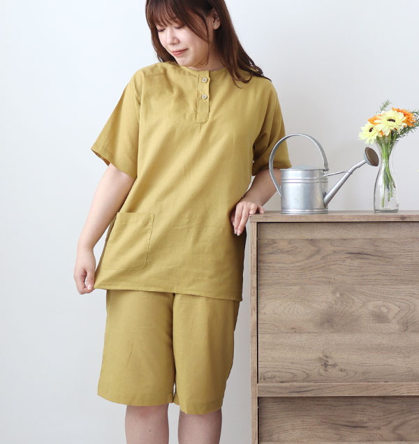 和晒京ひとえガーゼレディースパジャマ上下セット・半袖/かぶり/短パン/ヘンリーネック