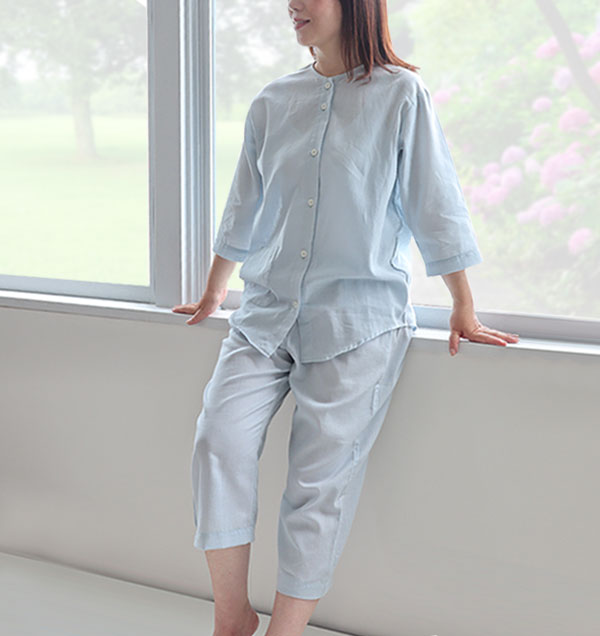 和晒京ひとえガーゼレディースパジャマ上下セット・七分袖/前開き/襟なし/七分丈ズボン
