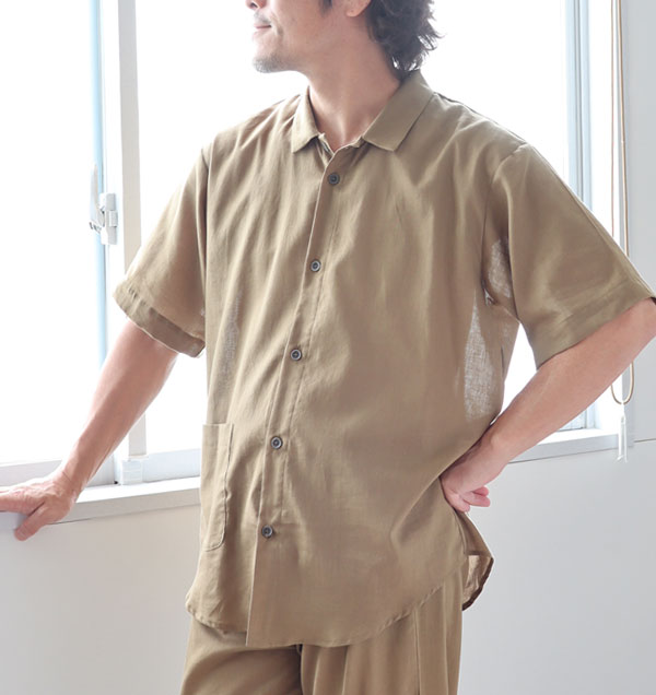 和晒京ひとえガーゼ メンズパジャマ 上下セット・半袖/前開き/襟あり