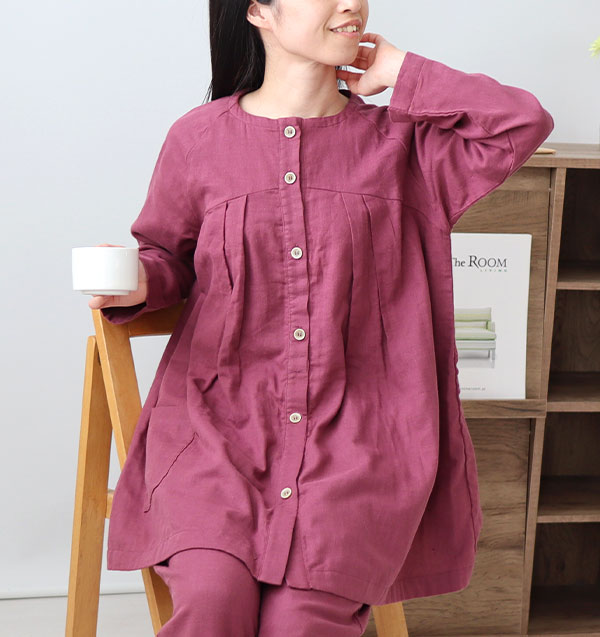 和晒京ふたえガーゼレディースパジャマ上下セット・長袖/前開き/Aライン/胸元切替タック