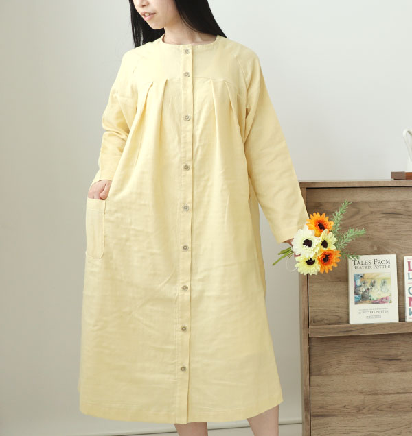 和晒京ふたえガーゼレディースワンピース・長袖/前開き/Aライン/胸元切替タック