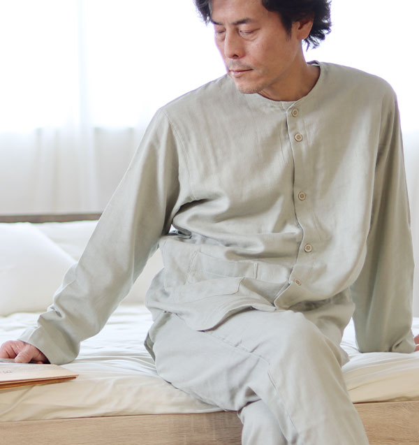 和晒京ふたえガーゼメンズパジャマ 上下セット・長袖/前開き/襟なし