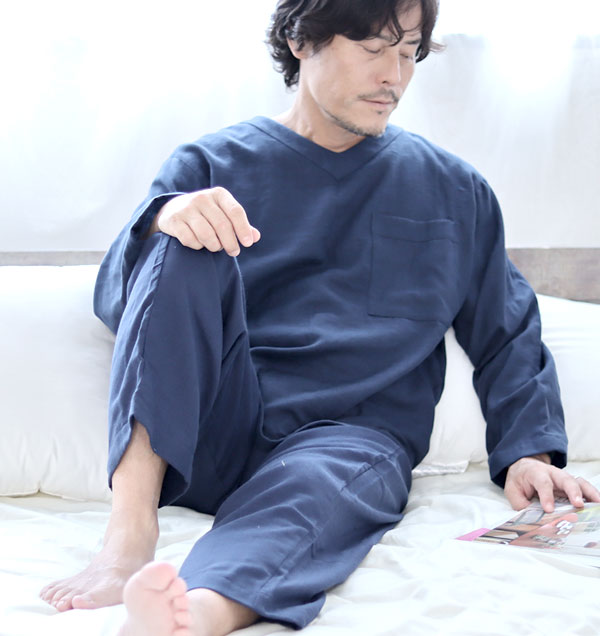 和晒京ふたえガーゼメンズパジャマ 上下セット・長袖/かぶり/Vネック/ガウチョパンツ/八分丈