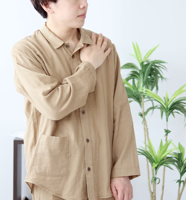 和晒京ふたえガーゼメンズ敏感肌パジャマ長袖/前開き/襟あり