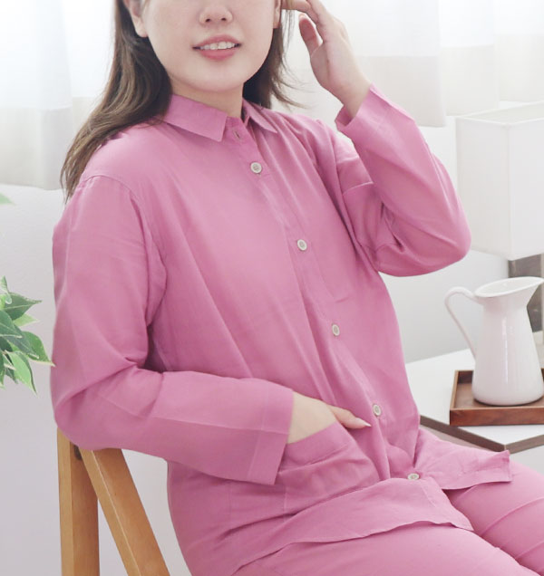 80オーガニック超長綿1重ガーゼレディースパジャマ長袖/前開き/襟あり