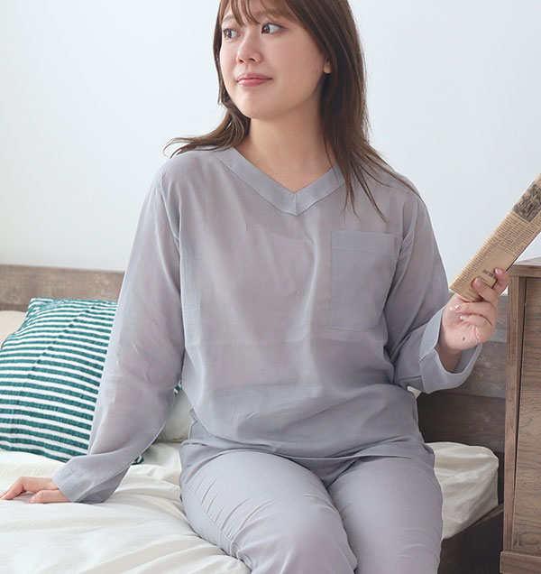 80オーガニック超長綿1重ガーゼレディースパジャマ上着単品・長袖/かぶり/Vネック