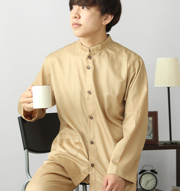 スーピマ超長綿メンズパジャマ長袖/前開き/バンドカラー