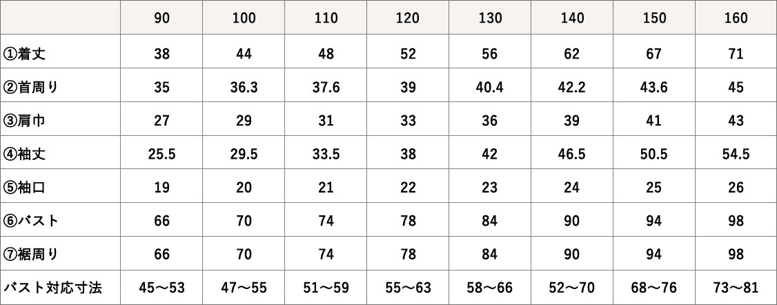 上着サイズ表