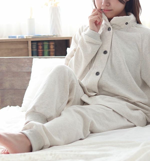 ヒートネックコットンレディースパジャマ 上下セット・長袖/前開き/立ち襟