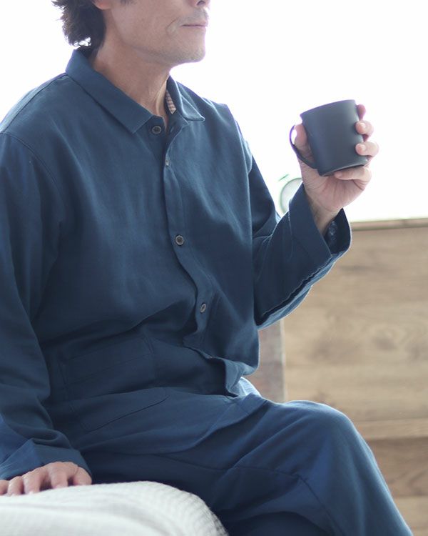 3重ガーゼメンズパジャマ 上下セット・長袖/前開き/襟あり