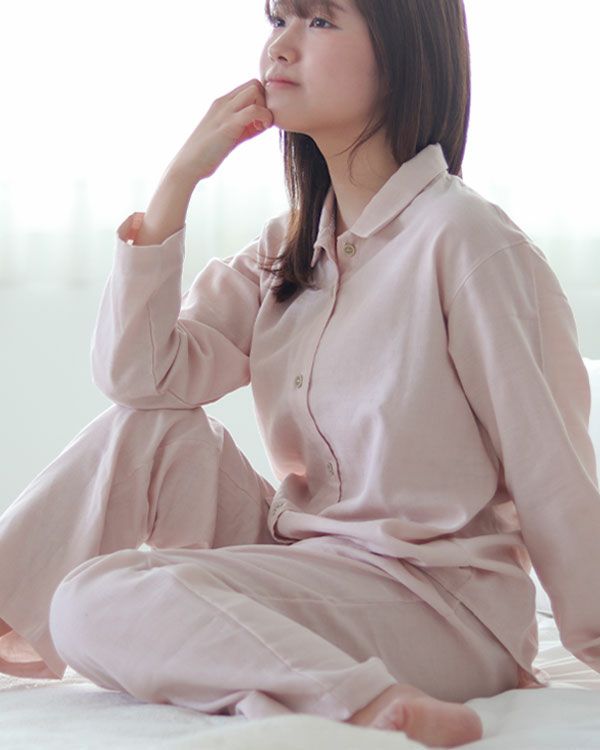 和晒京ふたえガーゼレディースパジャマ 上下セット・長袖/前開き/襟あり