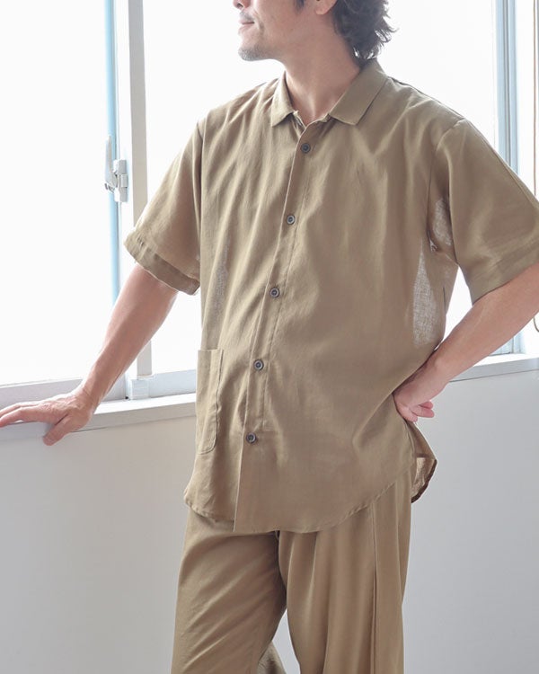和晒京ひとえガーゼ メンズパジャマ 上下セット・半袖/前開き/襟あり