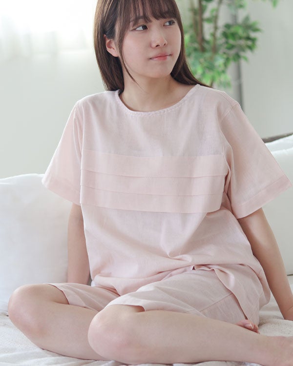 和晒京ひとえガーゼレディースパジャマ 上下セット・半袖/かぶり/短パン/ラウンドネック