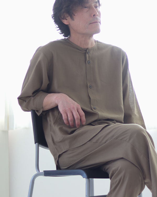 和晒京ひとえガーゼメンズパジャマ 上下セット・七分袖/前開き/襟なし/七分丈ズボン
