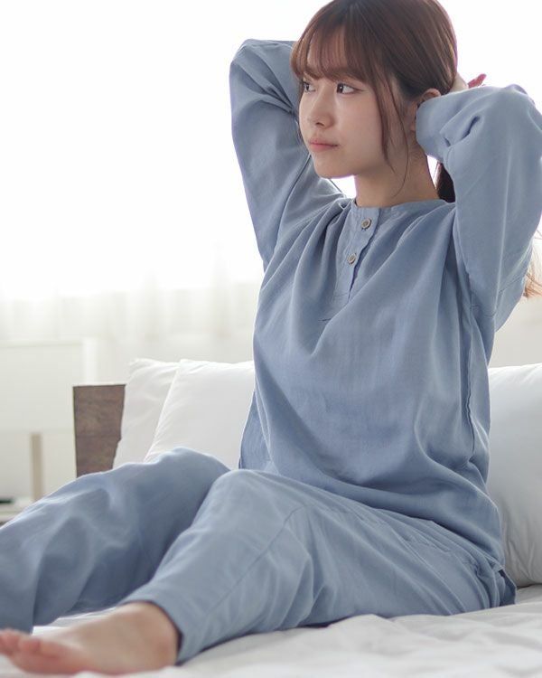 和晒京ふたえガーゼガーゼレディースパジャマ 上下セット・長袖/かぶり/襟なし