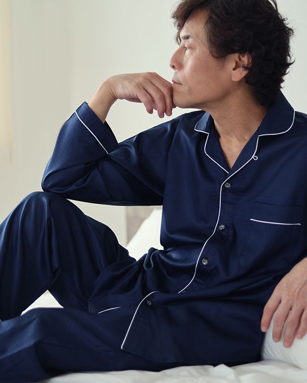 80スーピマ超長綿サテンメンズパジャマ 上下セット・長袖/前開き/開襟パイピング