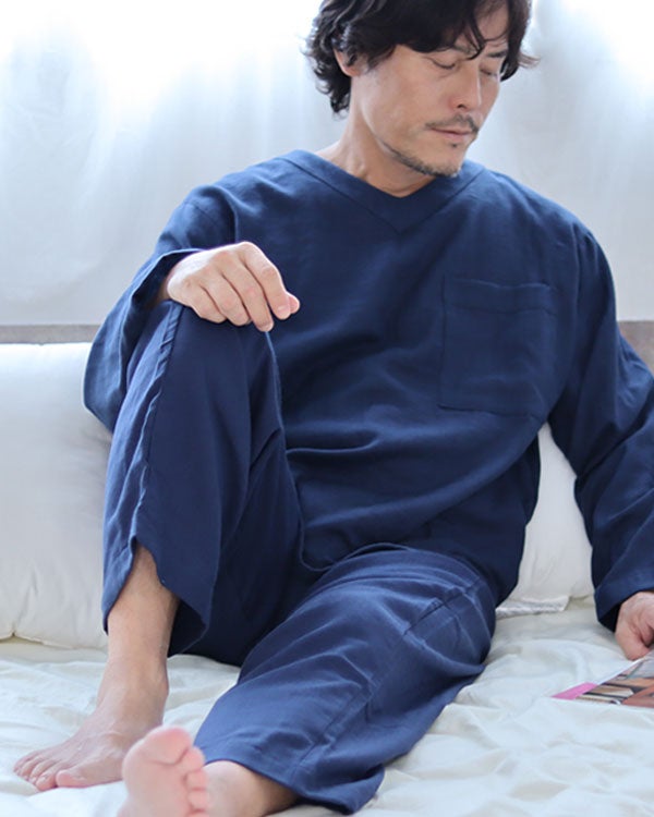 和晒京ふたえガーゼメンズパジャマ 上下セット・長袖/かぶり/Vネック