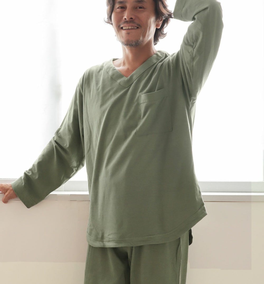 やわらか天竺ニットメンズパジャマ 上下セット・長袖/かぶり/Vネック