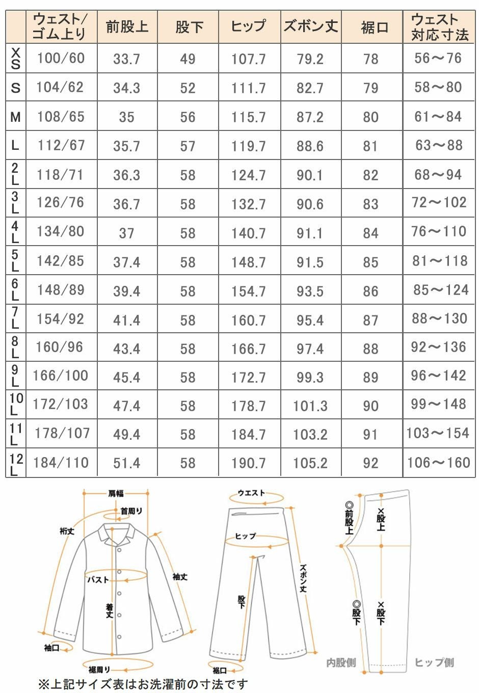 サイズ表ズボン