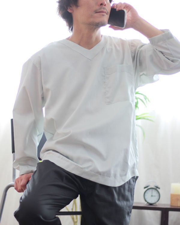 80スーピマ超長綿サテンメンズパジャマ 上下セット・長袖/かぶり/Vネック