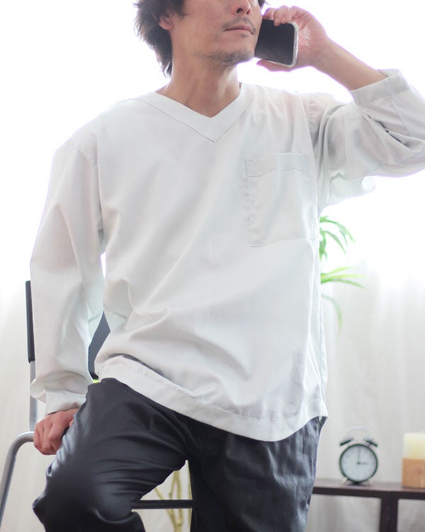 80スーピマ超長綿サテンメンズパジャマ 上下セット・長袖/かぶり/Vネック