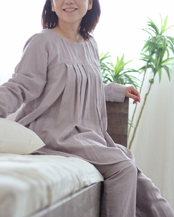 和晒京ふたえガーゼレディースパジャマ 上下セット・長袖/かぶり/Aライン/胸元切替タック